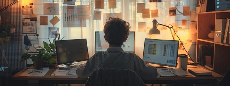 Business professional using three monitors for knowledge management tool