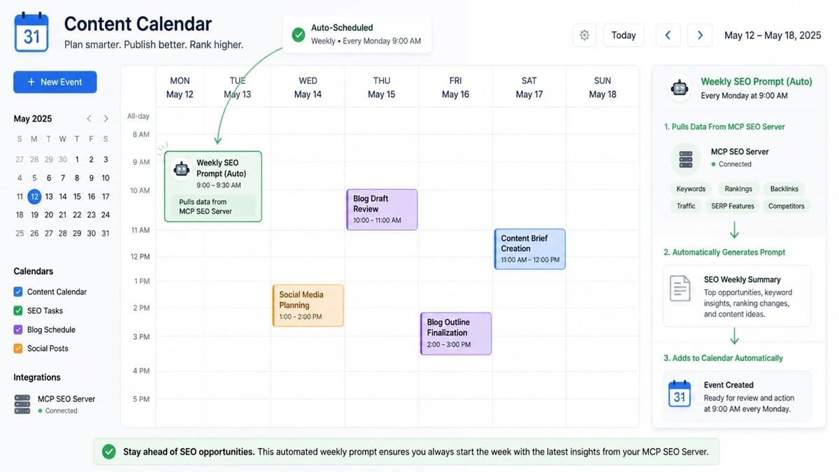 Calendar graphic showing a scheduled weekly prompt automatically pulling data from an MCP SEO server