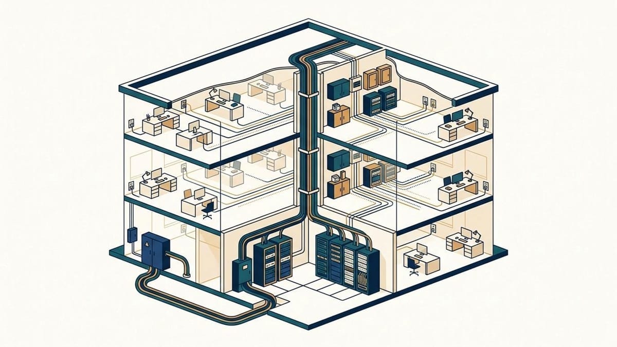 The subsystem hierarchy: service entrance and equipment room at ground level, a backbone riser between floors, a telecommunications room per floor, and horizontal runs out to each work area outlet.